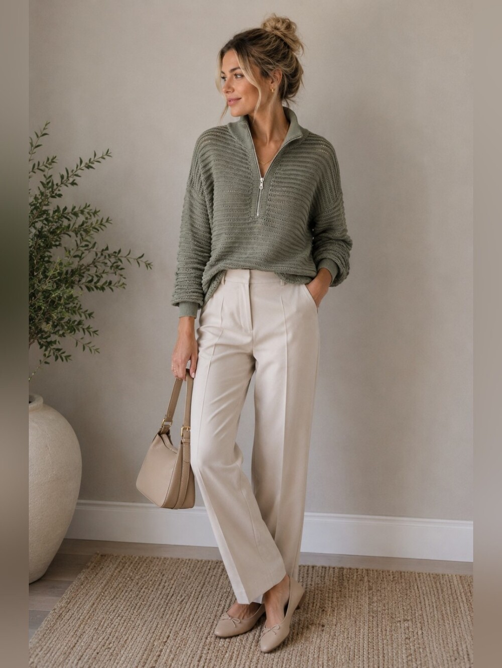 VARLEY Tara Pointelle Half-Zip Cotton Knit Sweater Sage Green XL - Picture 1 of 13